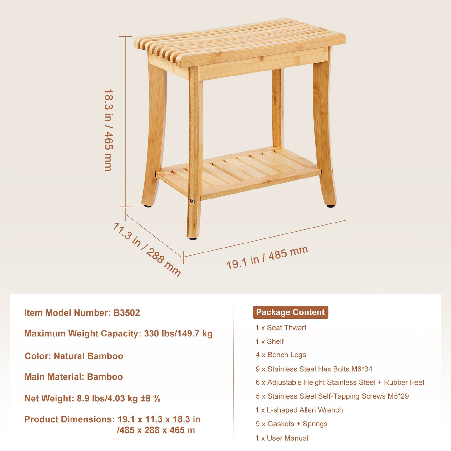 VEVOR Bamboo Shower Bench 19.1 x 11.3 x 18.3 in Shower Stool Chair for Bathroom