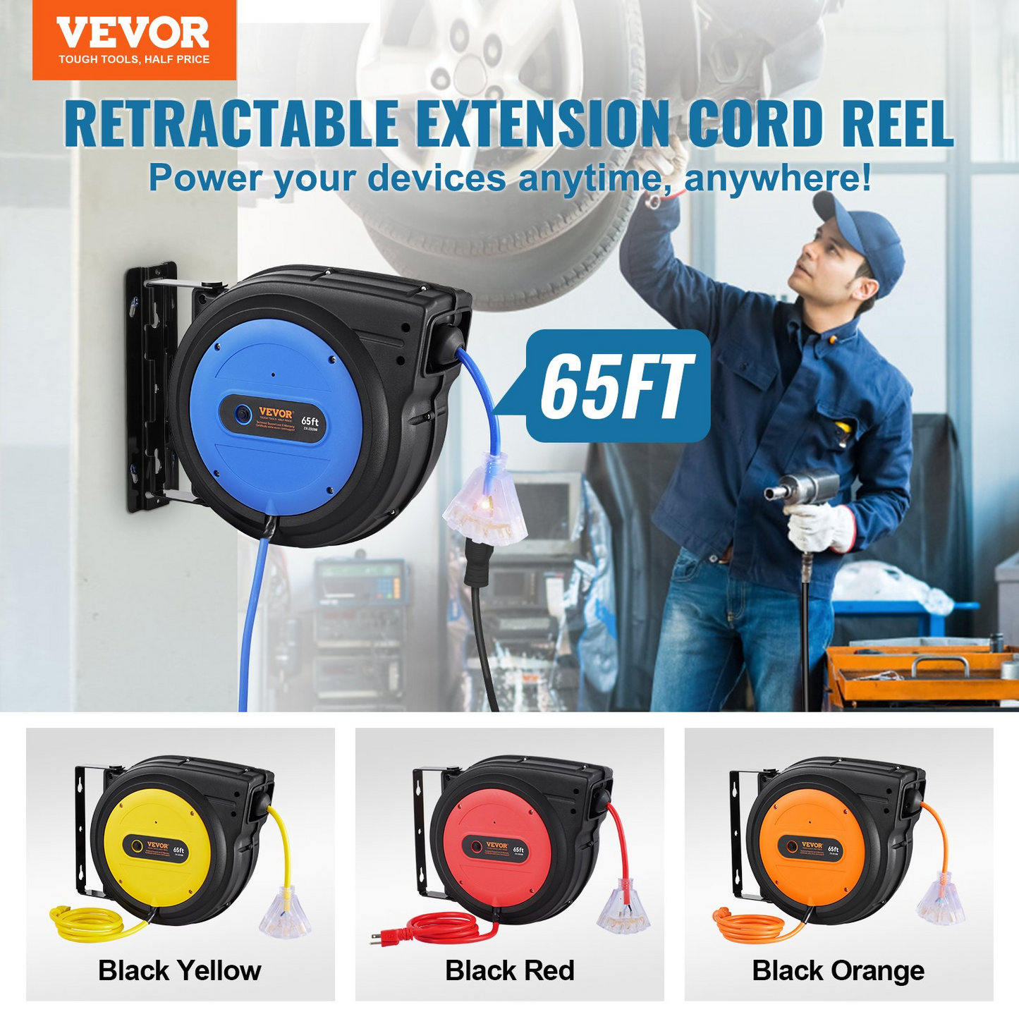 VEVOR Retractable Extension Cord Reel Power Cord Reel 65FT 12AWG/3C SJTOW