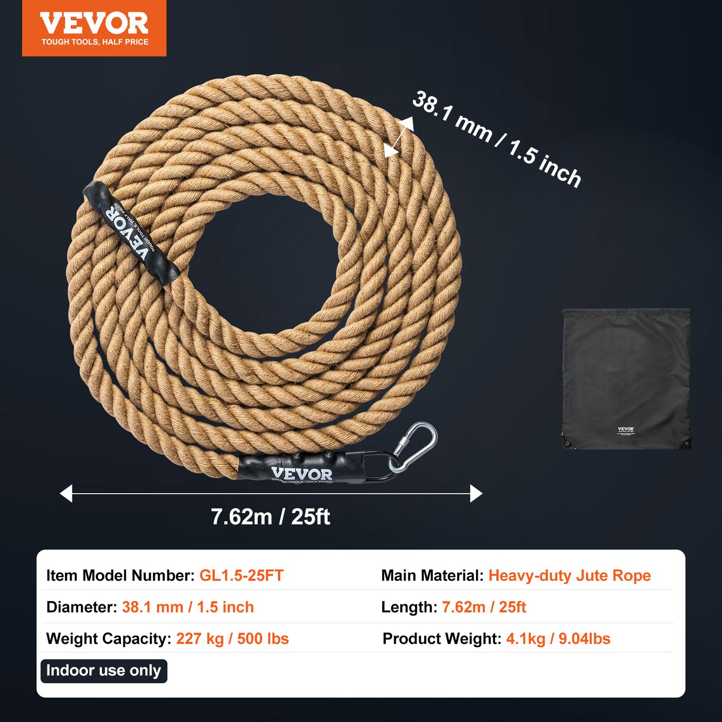 VEVOR 1.5"x25FT Gym Climbing Rope Fitness Strength Training Rope Home Exercise