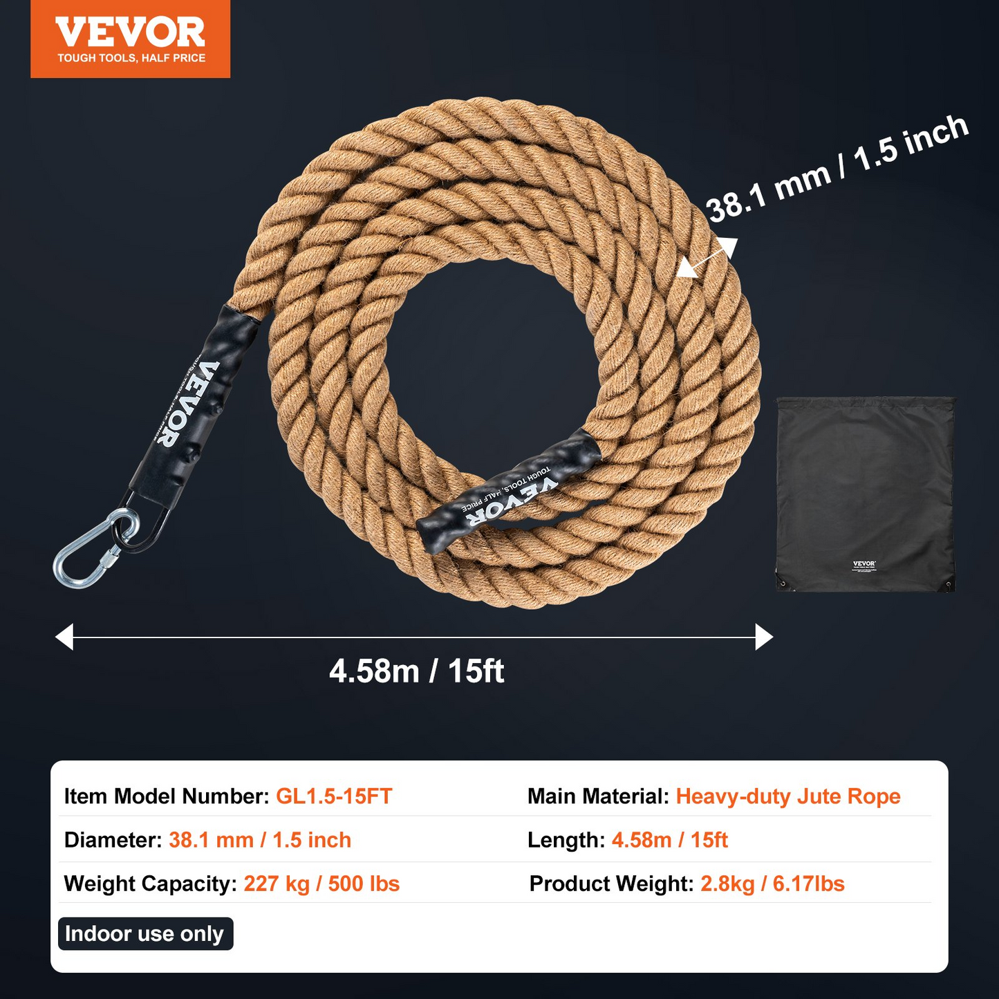 VEVOR 1.5"x15FT Gym Climbing Rope Fitness Strength Training Rope Home Exercise