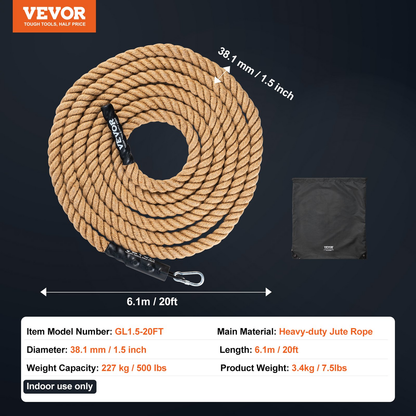 VEVOR 1.5"x20FT Gym Climbing Rope, Strength Training Rope for Home Fitness