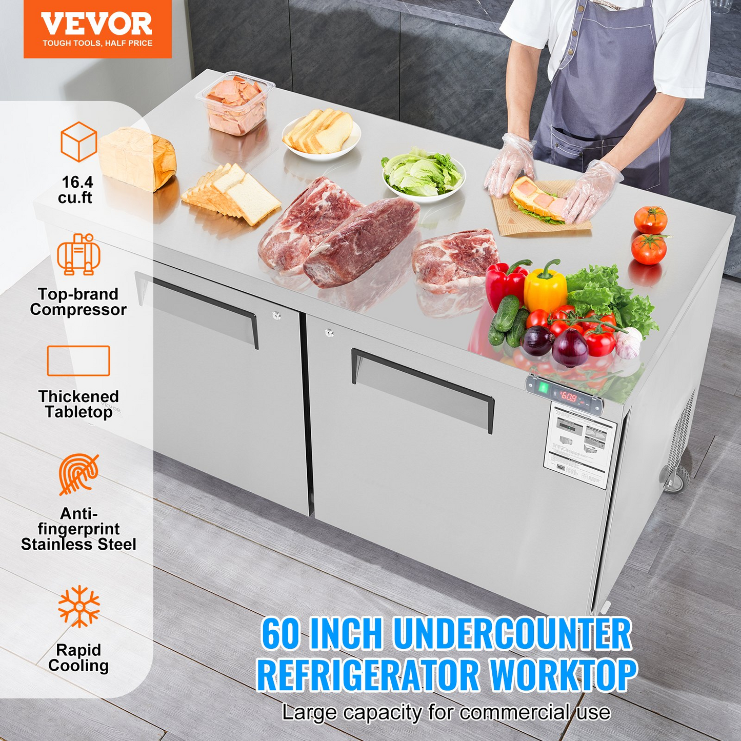 VEVOR 60" Commercial Refrigerator Sandwich & Salad Prep Table 16.4 Cu. Ft Fridge