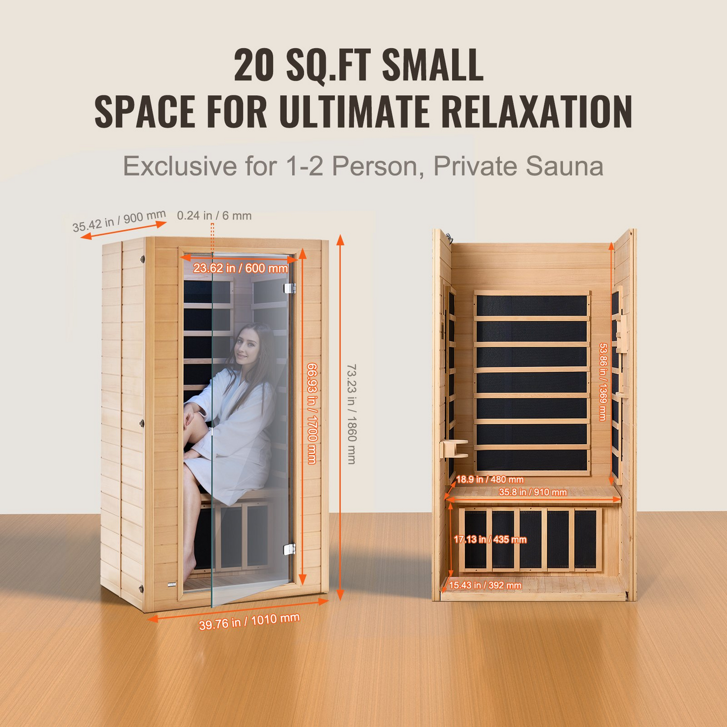 VEVOR Far Infrared Wooden Sauna Room, 1400W, 1-2 Person Wellness Spa