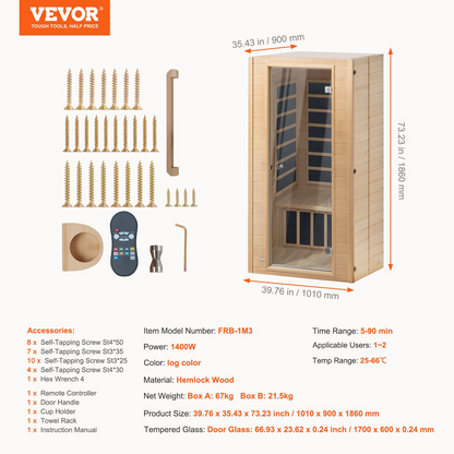 VEVOR Far Infrared Wooden Sauna Room, 1400W, 1-2 Person Wellness Spa