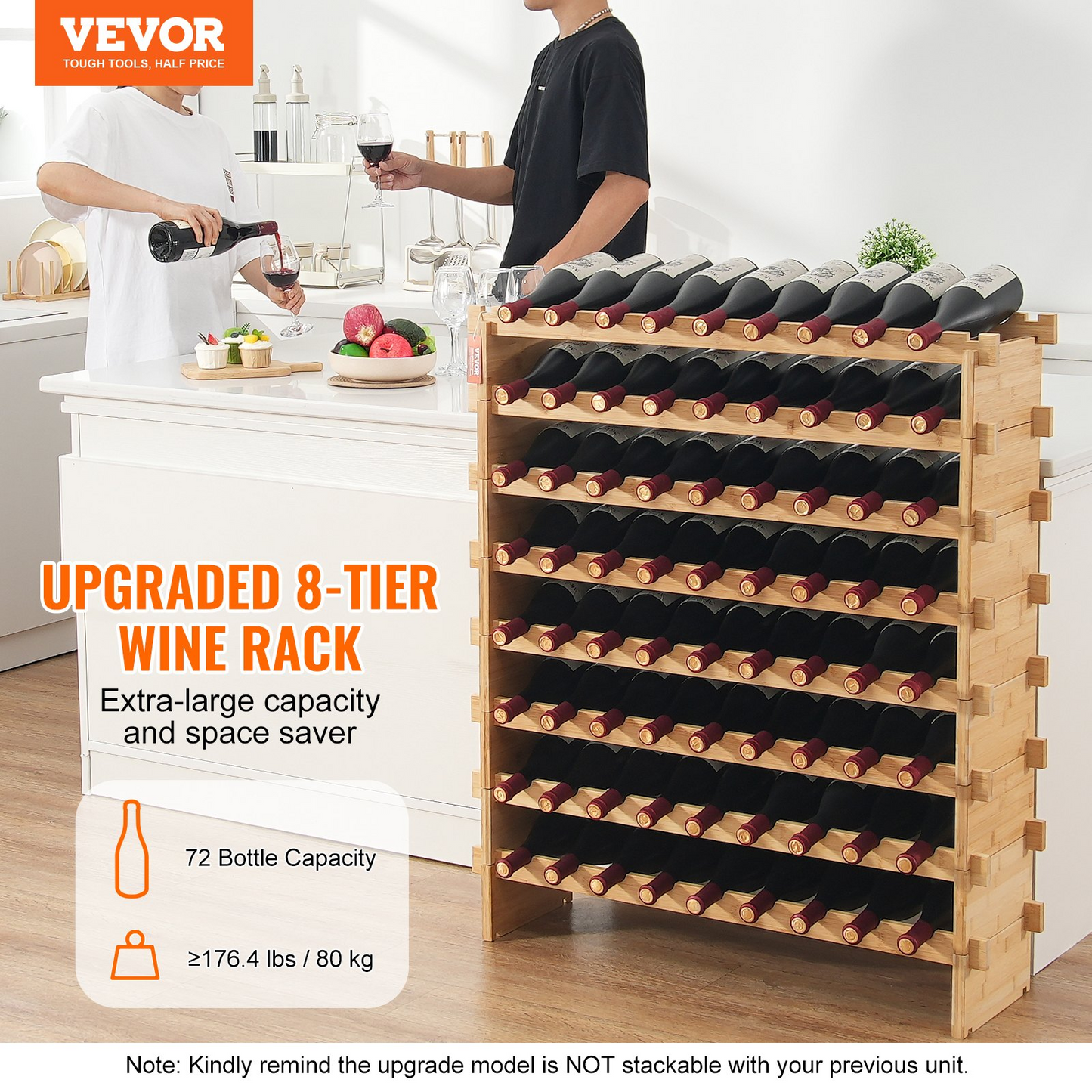 VEVOR 72 Bottle Upgrade Modular Wine Rack Bamboo Wood Display Shelf 8-Tier