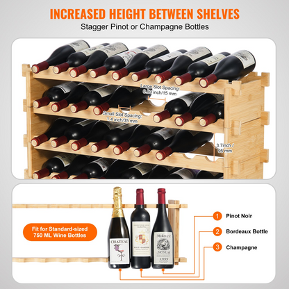 VEVOR 36 Bottle Stackable Modular Wine Rack Bamboo Wood Display Shelf 4-Tier