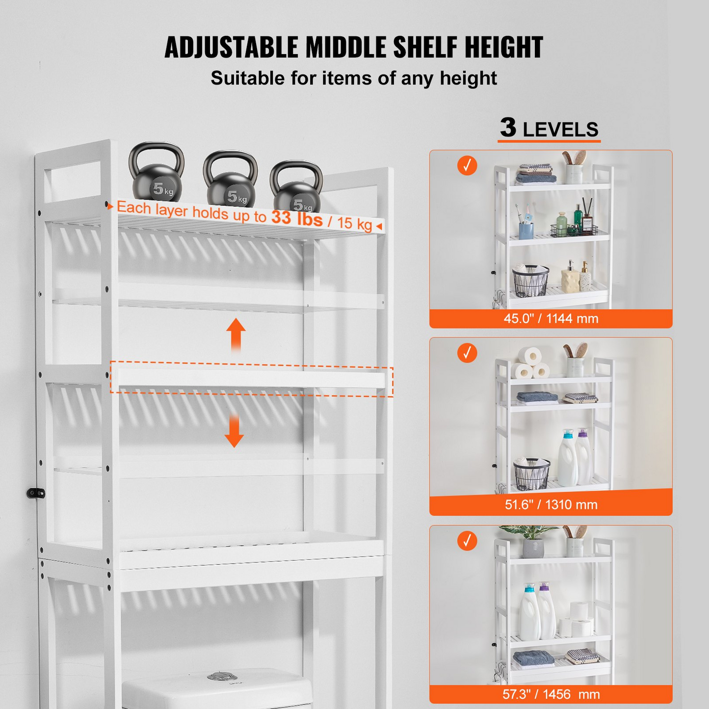 VEVOR Over the Toilet Storage 3-Tier Bathroom Shelf Rack Space Saver Organizer