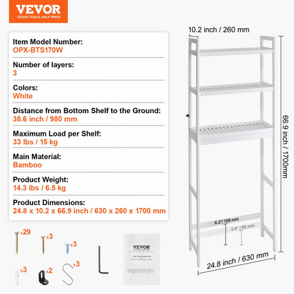 VEVOR Over the Toilet Storage 3-Tier Bathroom Shelf Rack Space Saver Organizer