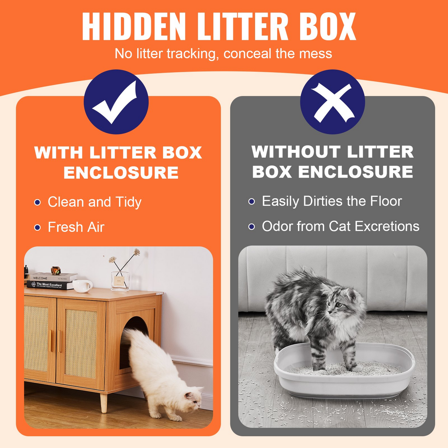 VEVOR Cat Litter Box Enclosure Wooden Litter Box Furniture Hidden for 2 Cats