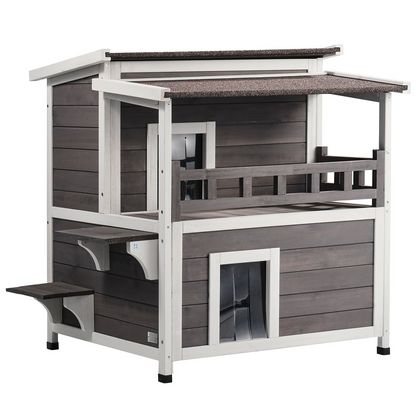 VEVOR Outdoor Cat House 2-story Wooden Feral Cat Shelter with  Balcony & Roof