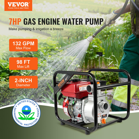 VEVOR Gasoline Engine Water Pump Gas Powered Water Transfer Pump 2" 7HP 4-Stroke