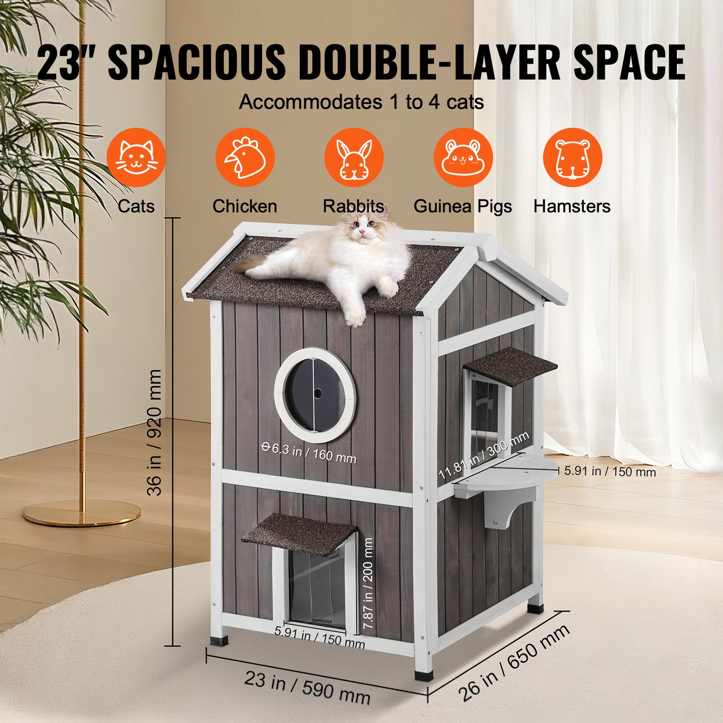 VEVOR Outdoor Cat House 2-story Wooden Feral Cat Shelter with Roof & Door Flaps