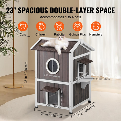 VEVOR Outdoor Cat House 2-story Wooden Feral Cat Shelter with Roof & Door Flaps