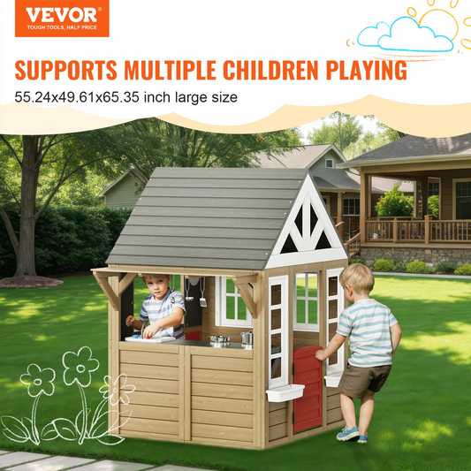 VEVOR Outdoor Wooden Playhouse Kids Garden Games Cottage with Door Window Sink