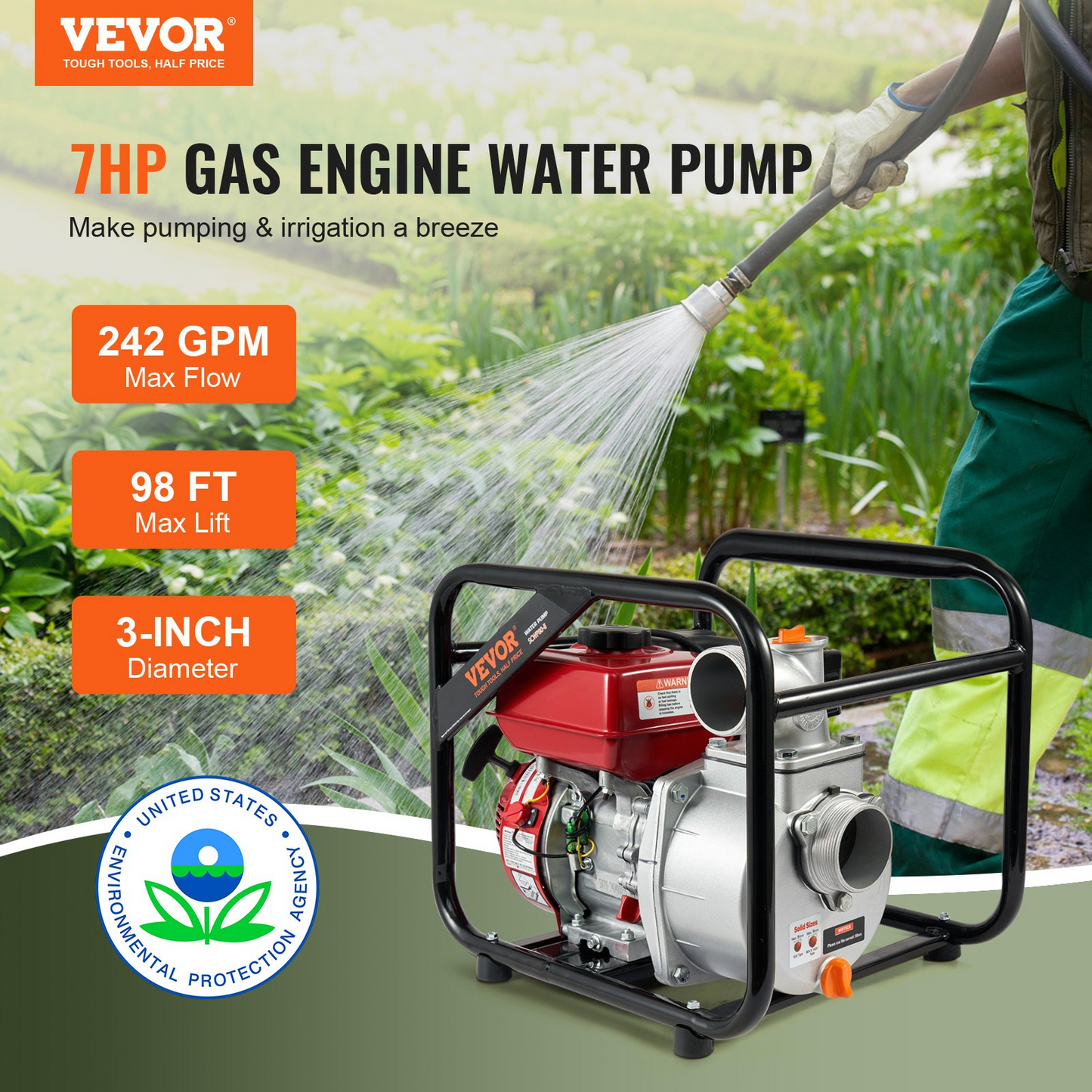 VEVOR Gasoline Engine Water Pump Gas Powered Water Transfer Pump 3" 7HP 4-Stroke