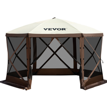 VEVOR Camping Gazebo Screen Tent, 12*12ft, 6 Sided Pop-up Canopy Shelter Tent with Mesh Windows, Portable Carry Bag, Stakes, Large Shade Tents for Outdoor Camping, Lawn and Backyard, Brown/Beige