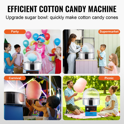 VEVOR Electric Cotton Candy Machine, 1000W Candy Floss Maker, Commercial Cotton Candy Machine with Cover, Stainless Steel Bowl, Sugar Scoop, Drawer, Perfect for Home Kids Birthday, Family Party, Blue