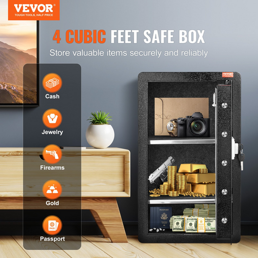 VEVOR Single Door 4.0 cu.ft Safe Box with Key Lock Password & Fingerprint Black，organize cash, passports, jewelry, gold, watches and documents