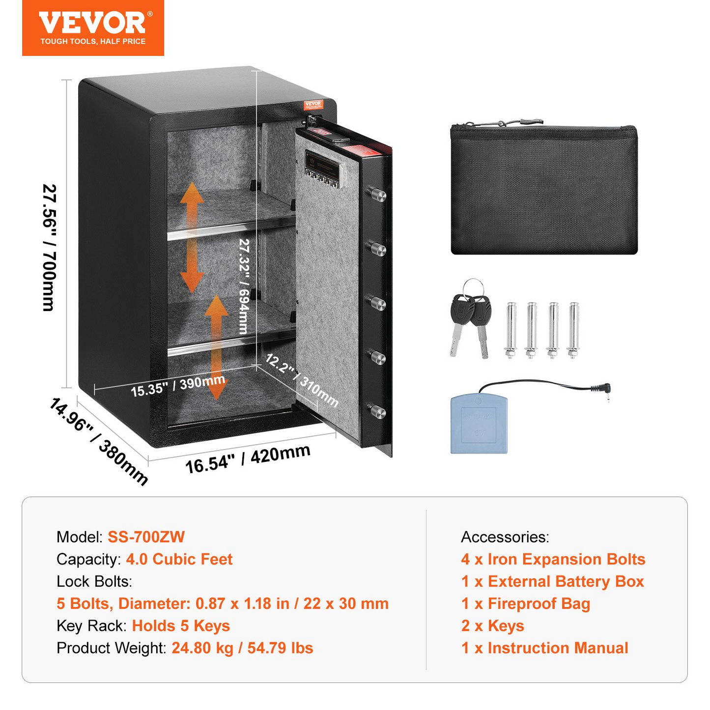 VEVOR Single Door 4.0 cu.ft Safe Box with Key Lock Password & Fingerprint Black，organize cash, passports, jewelry, gold, watches and documents