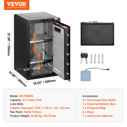 VEVOR Single Door 4.0 cu.ft Safe Box with Key Lock Password & Fingerprint Black，organize cash, passports, jewelry, gold, watches and documents