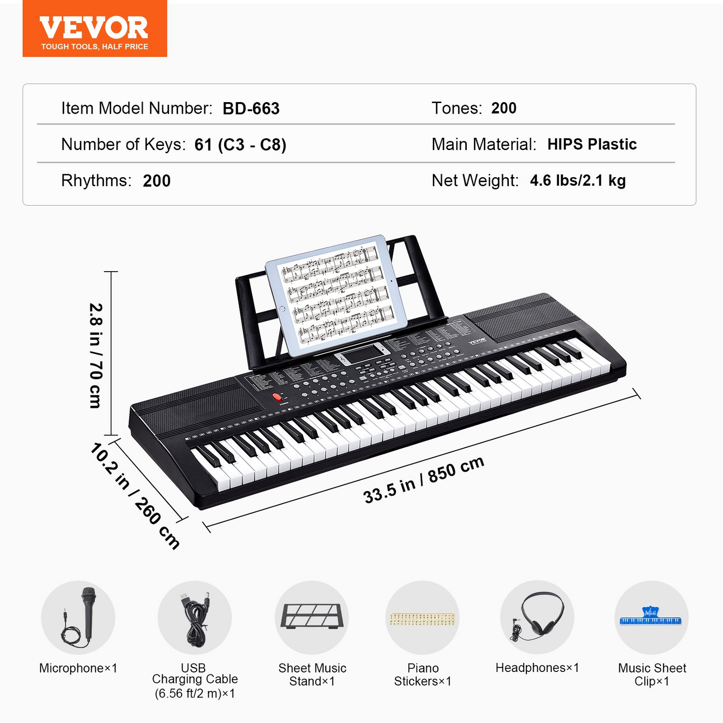 VEVOR 61 Key Digital Keyboard Piano Electric Portable 200 Tones 200 Rhythms