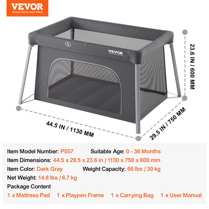 VEVOR Baby Travel Crib Play Yard Folding Baby Toddler Playpen with Zipper Gate