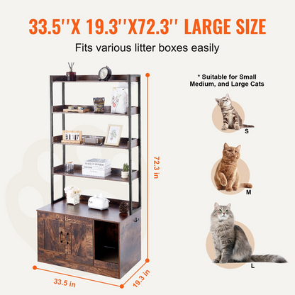 VEVOR Cat Litter Box Enclosure Wooden Litter Box Furniture Hidden with 4 Shelves