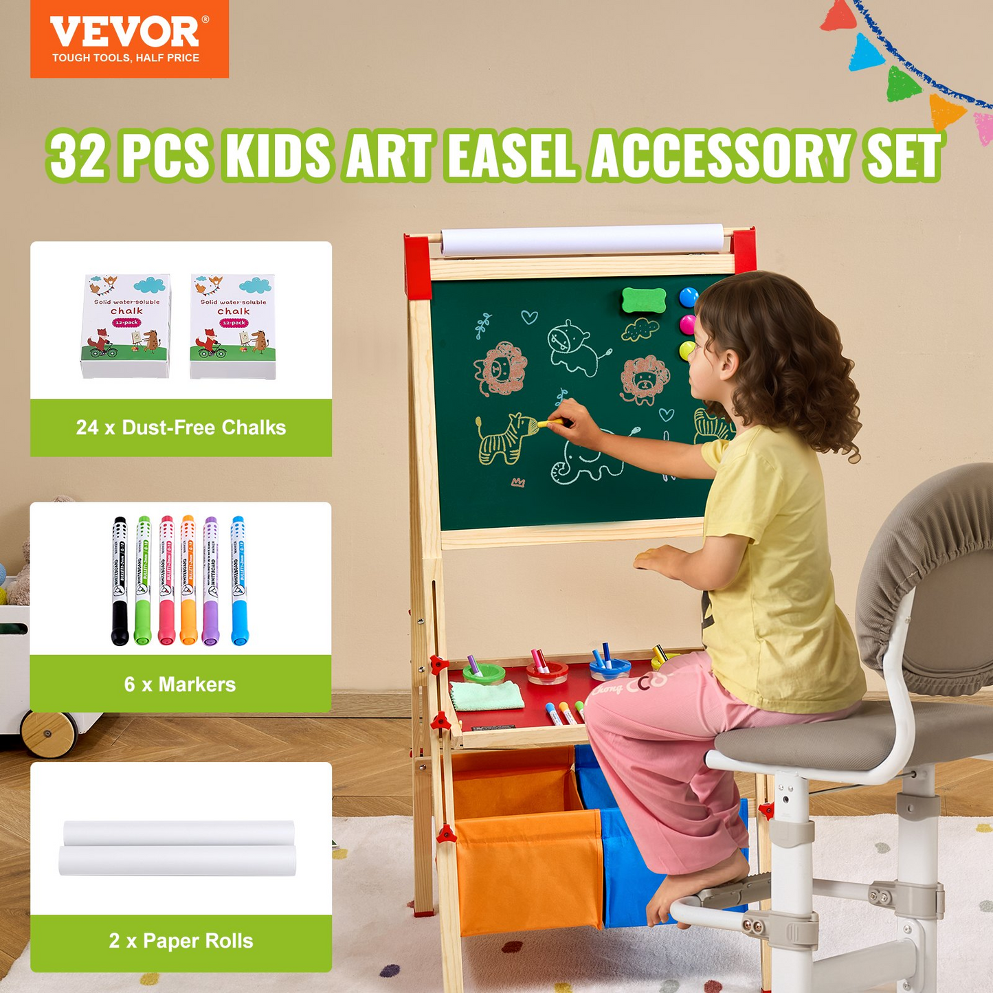 VEVOR Easel Accessory Set Chalk & Markers & Paper Rolls 32PCS for Standing Easel