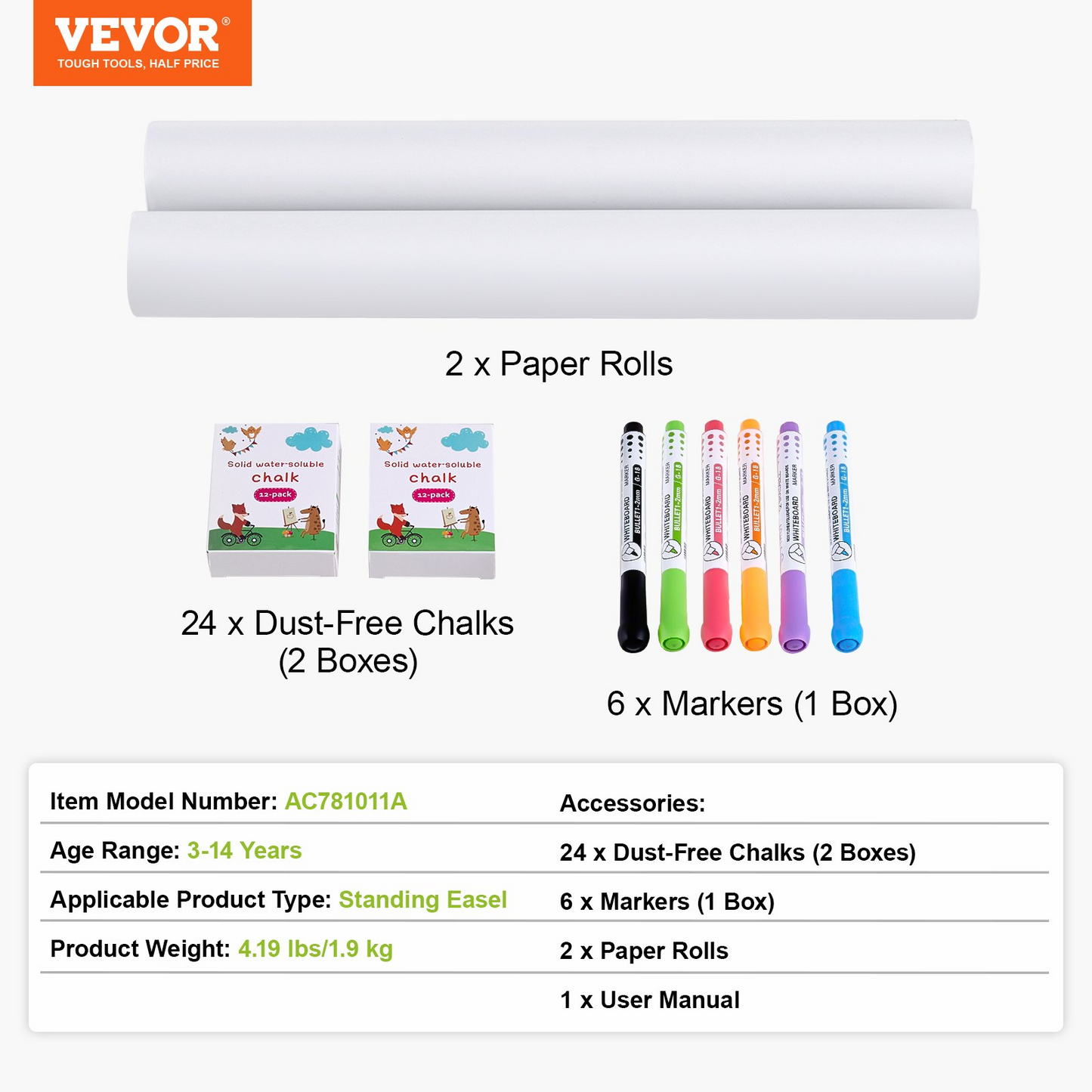 VEVOR Easel Accessory Set Chalk & Markers & Paper Rolls 32PCS for Standing Easel