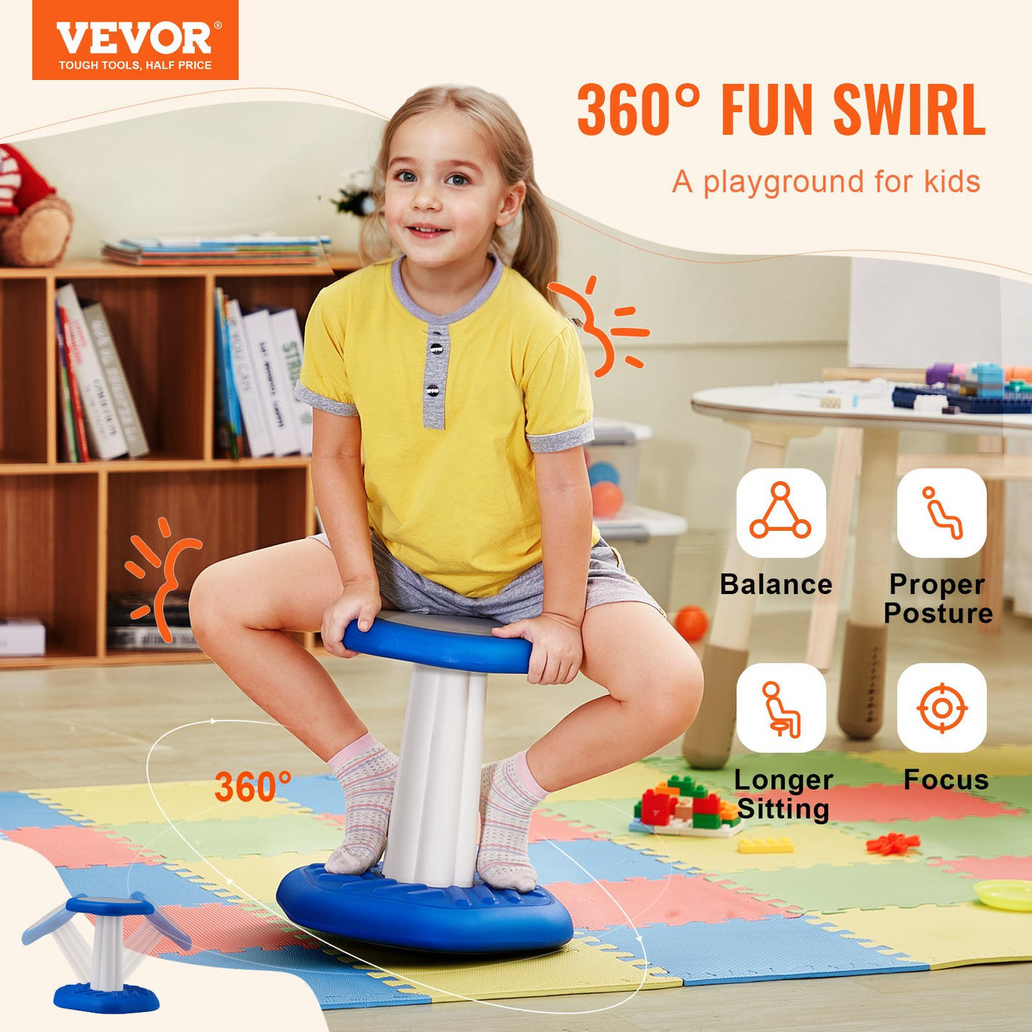 VEVOR Kids Wobble Chair, Active Chair with Sponge Cushion, Wobble Stool Improves Focus, Posture and Calm Children, Ideal for Schools and Preschools, Age 3-7, Blue