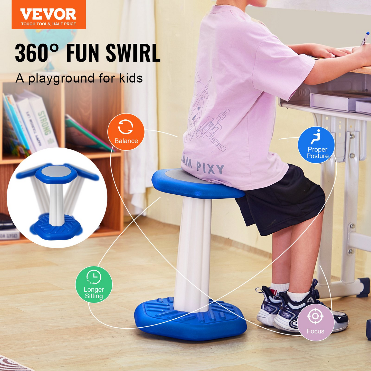 VEVOR Kids Wobble Chair (17.7-inch High), Active Chair with Sponge Cushion, Wobble Stool Improves Focus, Posture and Calm Children, Ideal for Schools and Home, Age 7-14, Blue