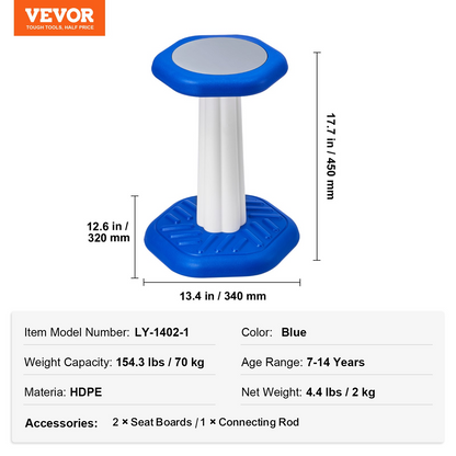 VEVOR Kids Wobble Chair (17.7-inch High), Active Chair with Sponge Cushion, Wobble Stool Improves Focus, Posture and Calm Children, Ideal for Schools and Home, Age 7-14, Blue