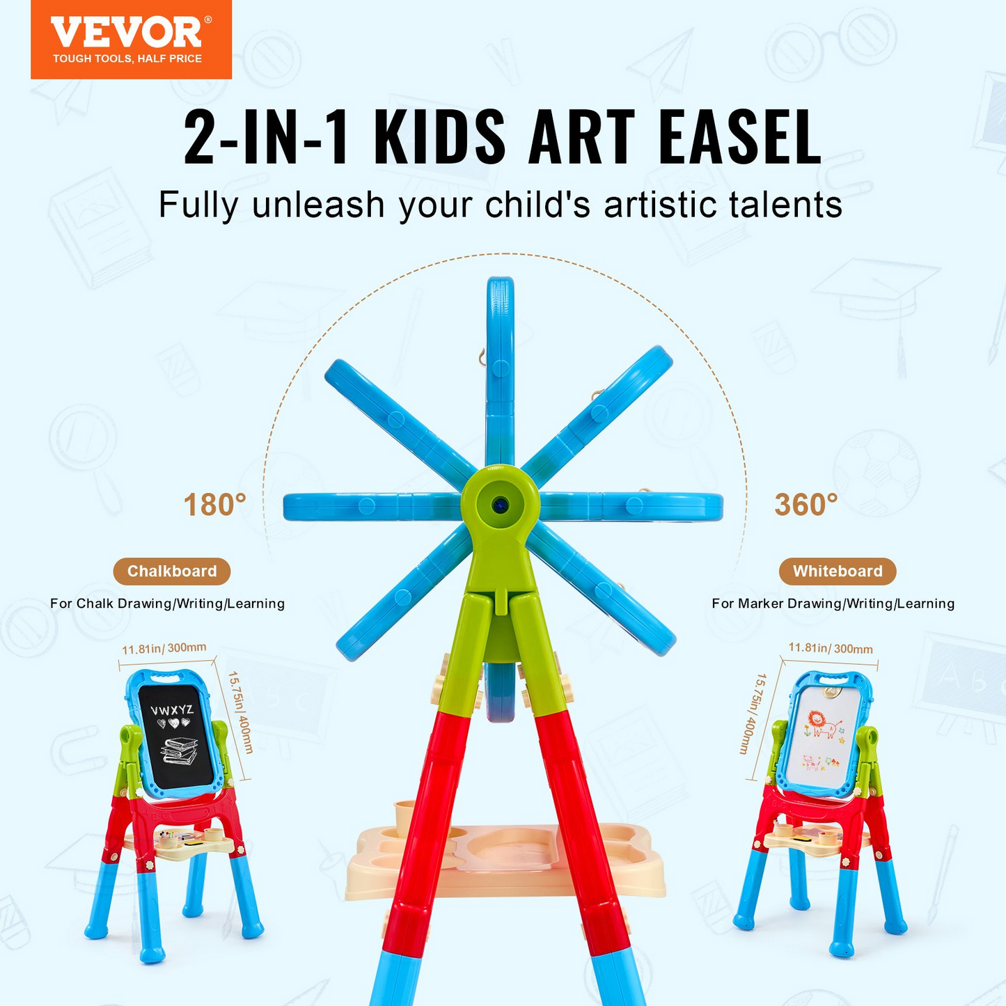 VEVOR 2-in-1 Kids Art Easel Double-Sided Magnetic Whiteboard Chalkboard Rotating