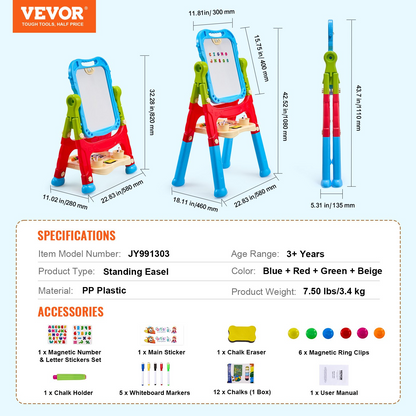 VEVOR 2-in-1 Kids Art Easel Double-Sided Magnetic Whiteboard Chalkboard Rotating