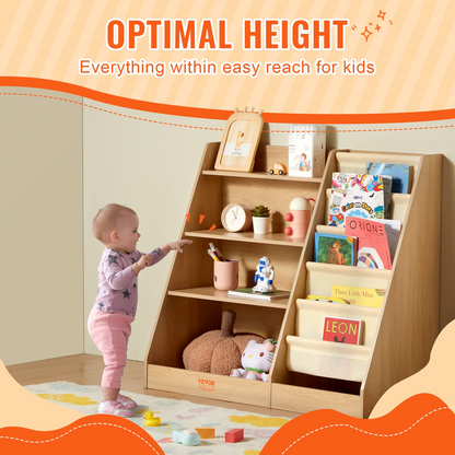 VEVOR 4-Tier Kids Wooden Bookshelf, Six-Layer Sling Bookcase, Baby Storage Book Rack, Book Toy Organizer Cabinet, for Kids Room, Playroom, Kindergarten, Nursery