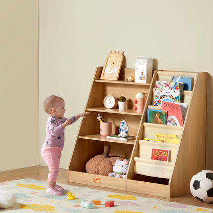 VEVOR 4-Tier Kids Wooden Bookshelf, Six-Layer Sling Bookcase, Baby Storage Book Rack, Book Toy Organizer Cabinet, for Kids Room, Playroom, Kindergarten, Nursery