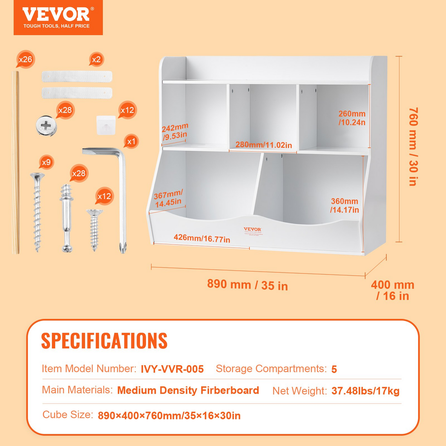 VEVOR Wood Kid Storage Cubby, Toy Storage Organizer with Bookshelf, 5-Cubby Wood Toy Storage Cabinet, Children Book Toy Shelf for Kids Room, Playroom, Kindergarten, Nursery, White