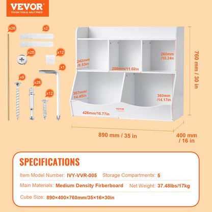 VEVOR Wood Kid Storage Cubby, Toy Storage Organizer with Bookshelf, 5-Cubby Wood Toy Storage Cabinet, Children Book Toy Shelf for Kids Room, Playroom, Kindergarten, Nursery, White