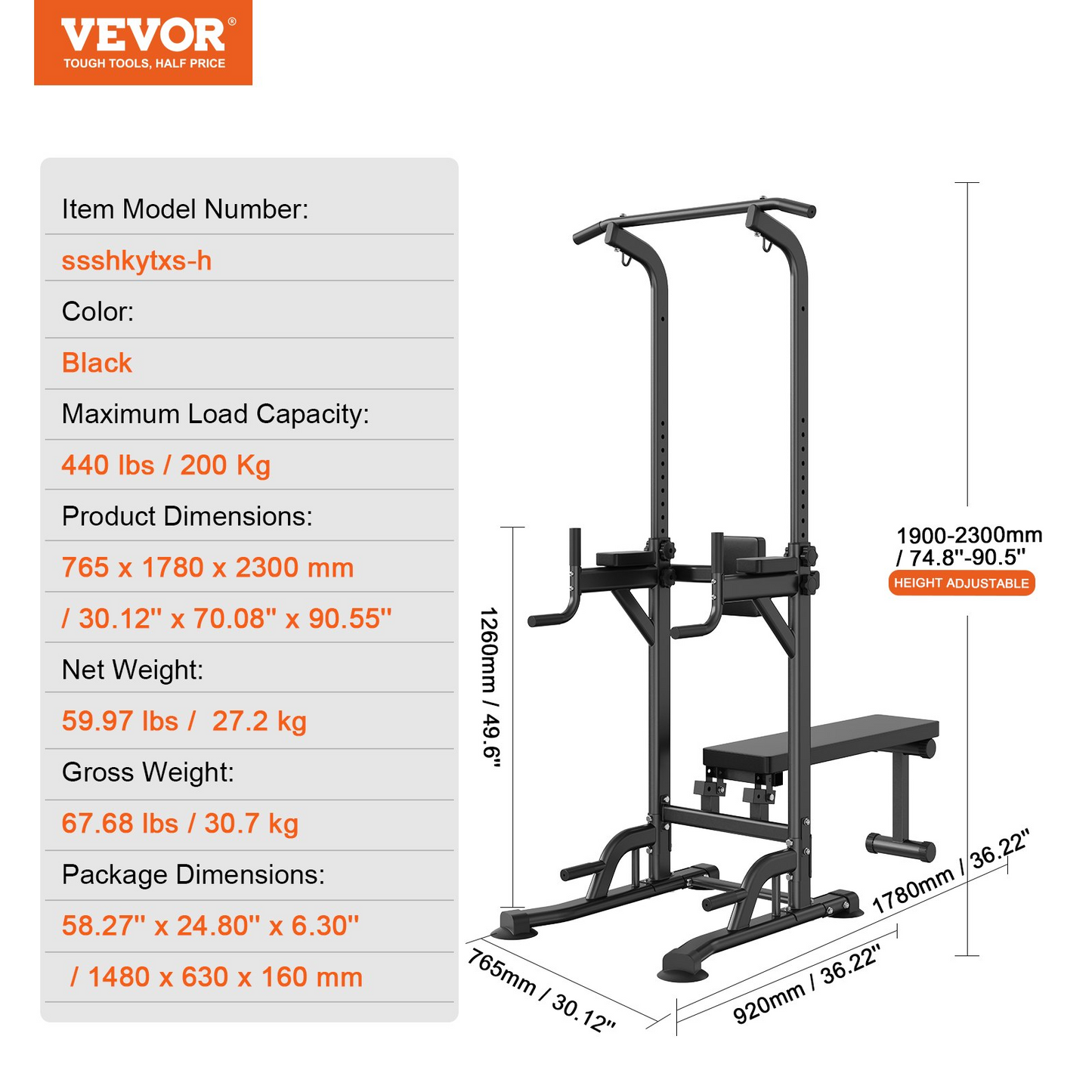 VEVOR Power Tower with Bench, 10-Level Height Adjustable Pull Up Bar Stand Dip Station & Detachable Bench, Multi-Function Home Gym Strength Training Fitness Equipment with Backrest, Elbow Pads, 440LBS