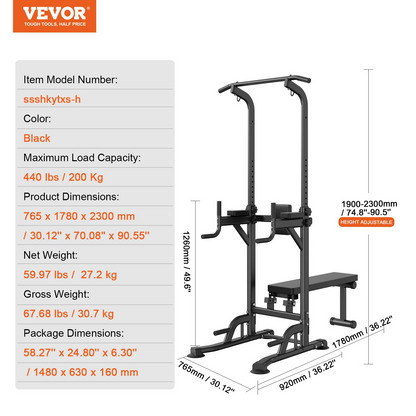 VEVOR Power Tower with Bench, 10-Level Height Adjustable Pull Up Bar Stand Dip Station & Detachable Bench, Multi-Function Home Gym Strength Training Fitness Equipment with Backrest, Elbow Pads, 440LBS