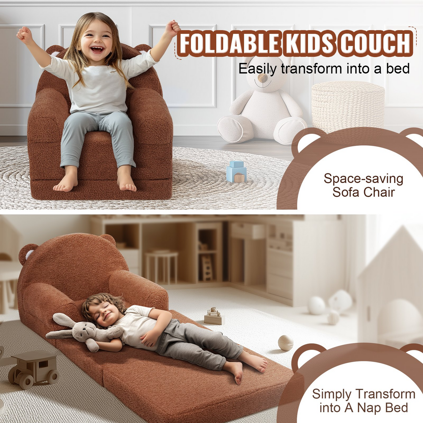 VEVOR Kids Couch, 2-in-1 Toddler Chairs Comfy, Toddler Couch Sofa Bed Fold Out, Convertible Sofa to Lounger, Kids Chair Seat Playroom Furniture for Kids Girls & Boys, Brown