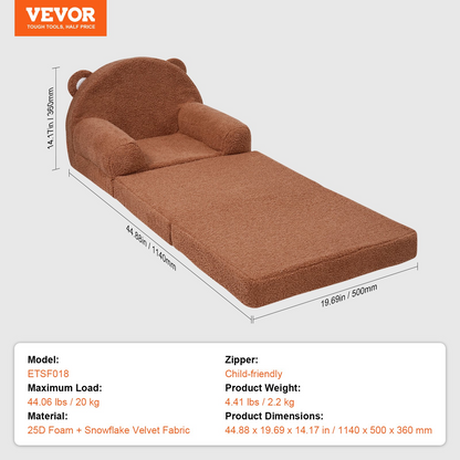 VEVOR Kids Couch, 2-in-1 Toddler Chairs Comfy, Toddler Couch Sofa Bed Fold Out, Convertible Sofa to Lounger, Kids Chair Seat Playroom Furniture for Kids Girls & Boys, Brown