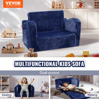 VEVOR Kids Couch, 2-in-1 Toddler Chairs Comfy, Toddler Couch Sofa Bed Fold Out, Convertible Sofa to Lounger, Kids Chair Seat Playroom Furniture for Kids Girls & Boys, Blue