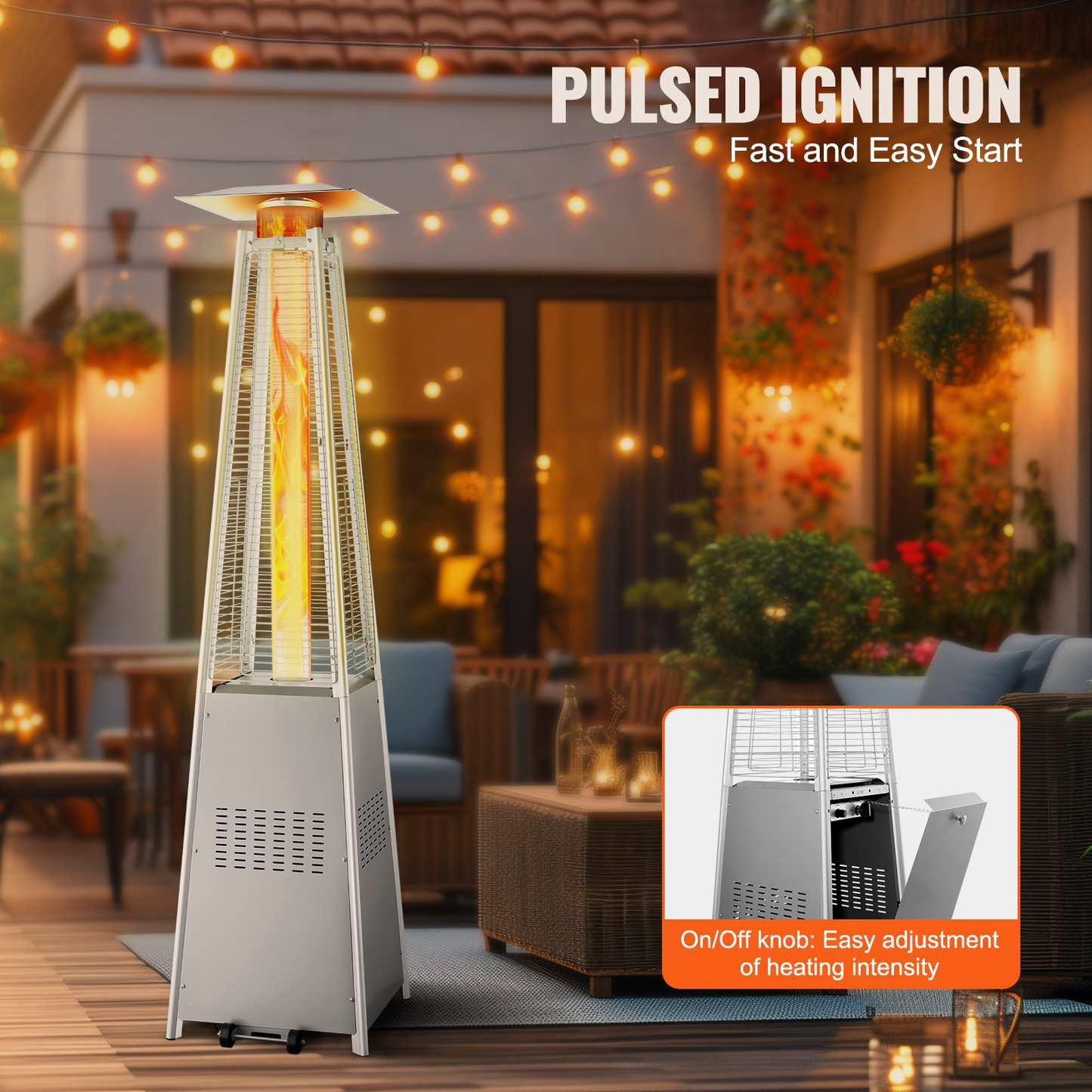 VEVOR 48000BTU Propane Patio Heater, Pyramid Design with Wheels, Silver