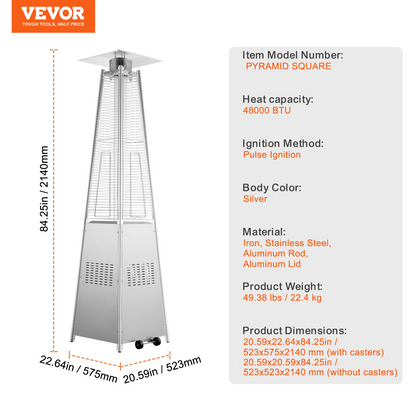 VEVOR 48000BTU Propane Patio Heater, Pyramid Design with Wheels, Silver