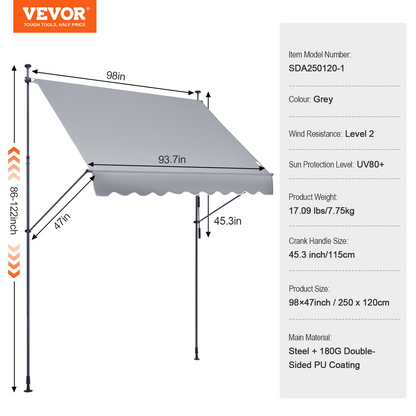 VEVOR 98x47" Patio Awning Retractable Awning Sunshade Shelter with Crank Handle