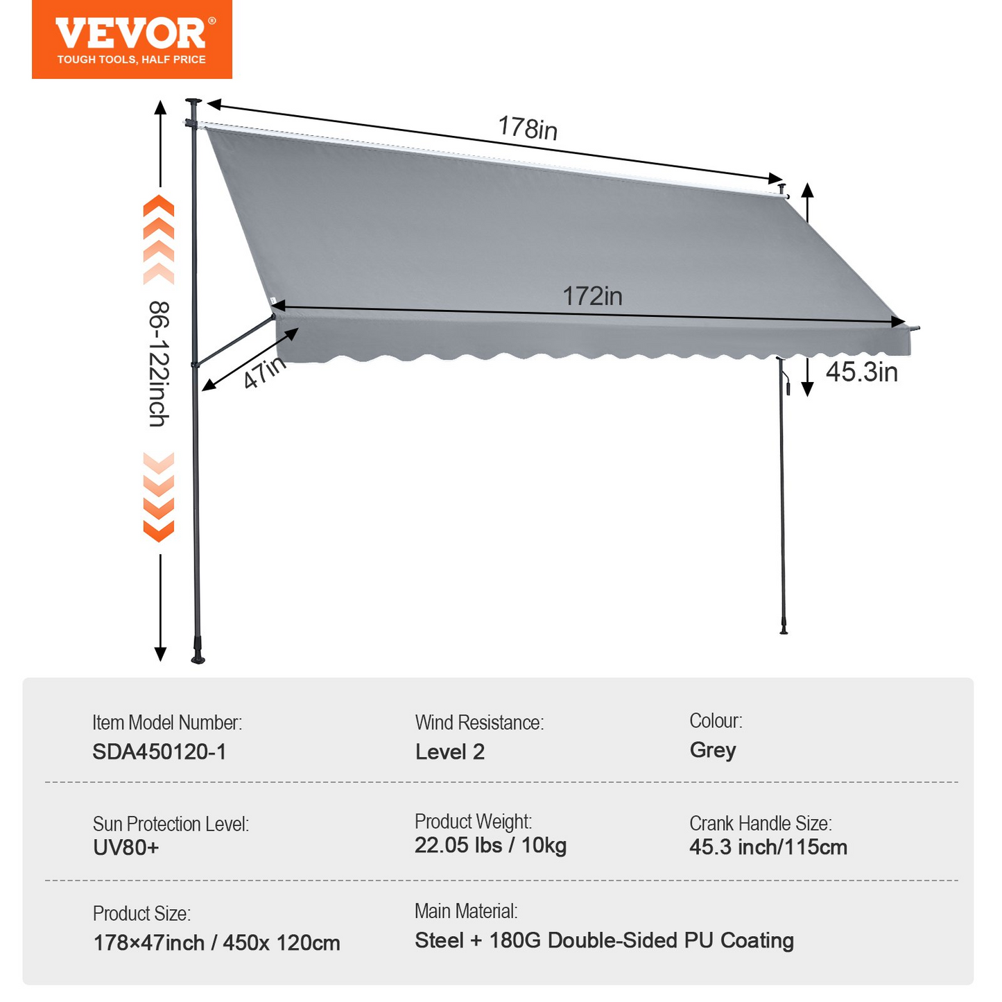 VEVOR 178"x47" Retractable Patio Awning, UV Protection & Adjustable Sunshade