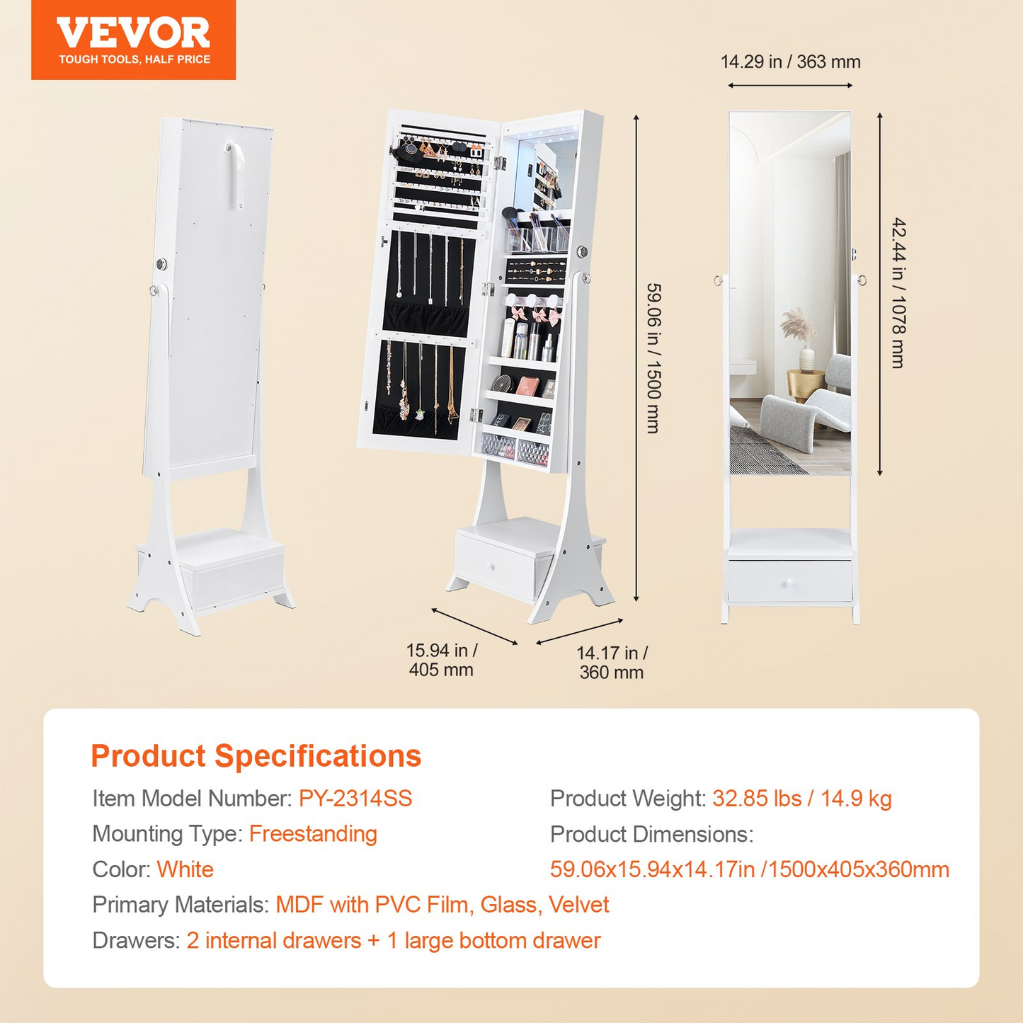 VEVOR Mirror Jewelry Cabinet Standing Mirror with Storage Full Length White