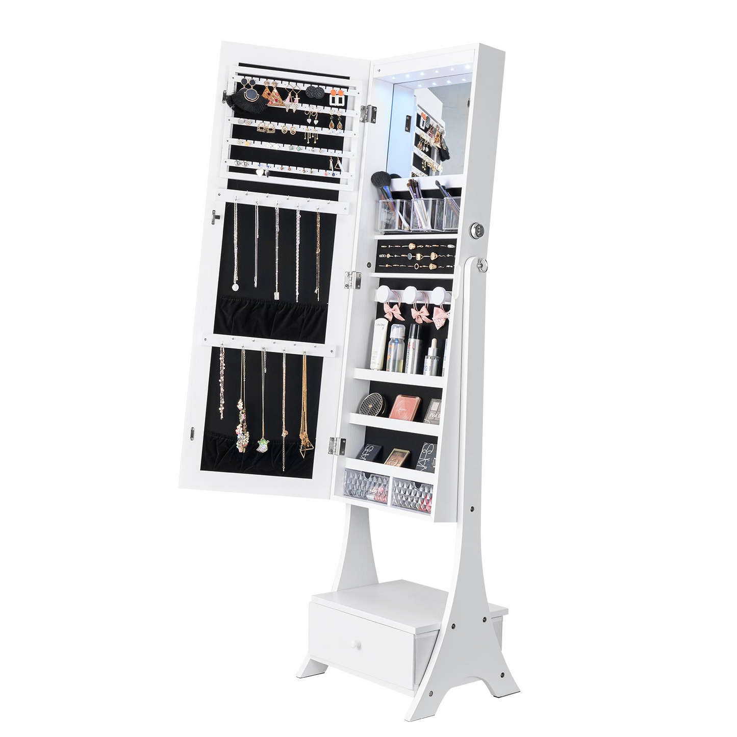 VEVOR Mirror Jewelry Cabinet Standing Mirror with Storage Full Length White