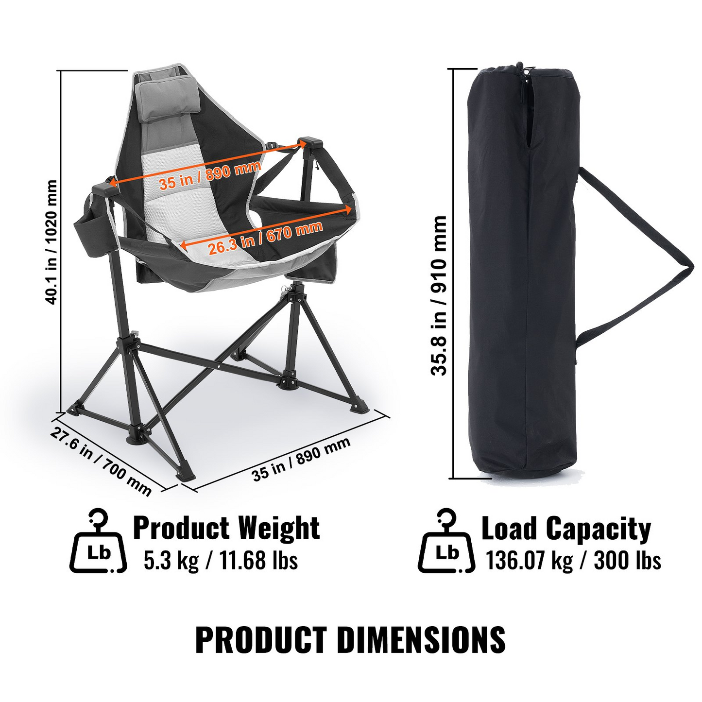 VEVOR Camping Chair Hammock Chair 300 lbs Load Capacity Hammock Folding Chair